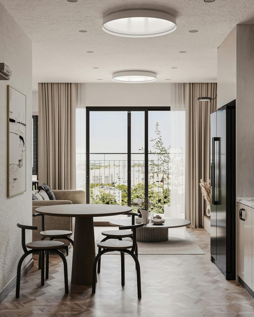 Oltre i Metri Quadri: Viaggio nella Psicologia dell’Abitare Stylish interior of a Tehran apartment with modern furniture and large windows.