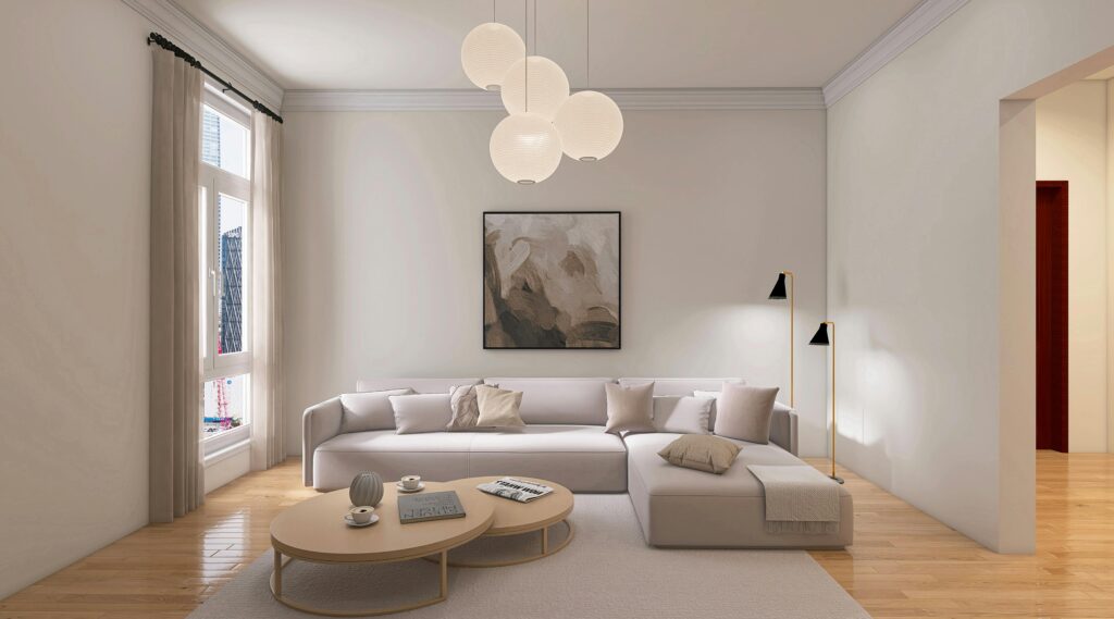 Oltre i Metri Quadri: Viaggio nella Psicologia dell’Abitare Elegant minimalist living room with neutral colors and modern decor.